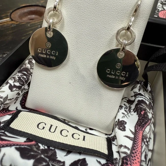 GUCCI Signature Sterling Silver medallion Drop Earrings